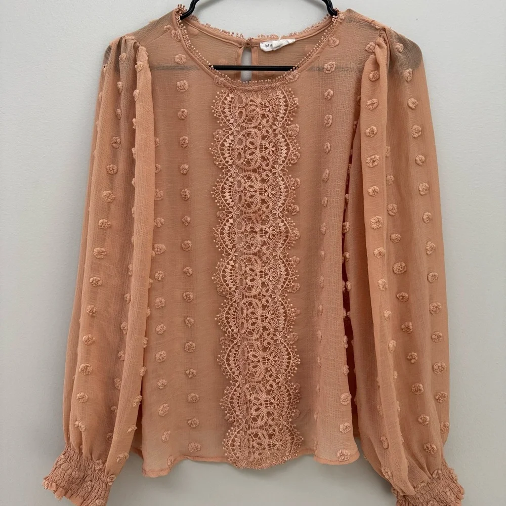 Blu Pepper Anthropologie chiffon crochet flowy boho top salmon neutral sheer - Picture 1 of 7
